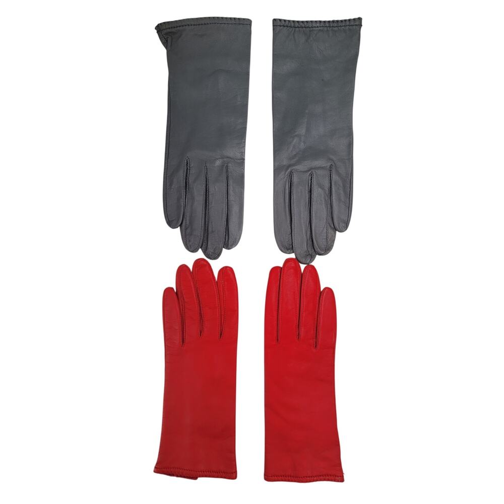 Vintage Leather Gloves 2 Pair Lot Red Cashmere Lined Gray Unlined Glamour